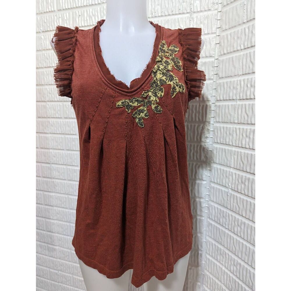 Unbranded Women's S Rust V Neck T-Shirt Silk Trimmed Floral Embellished